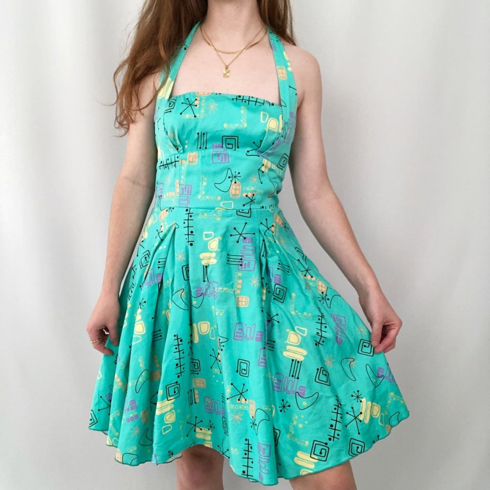 Vintage MCM Pin-Up Novelty Jetsons Space Geometric Print Mini Summer Dress USA - Picture 6 of 9
